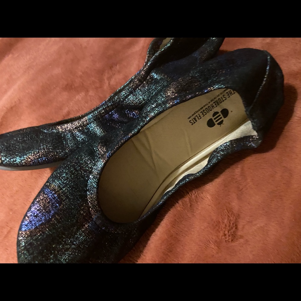 Peacock color leather ballerina flats. Excellent condition.